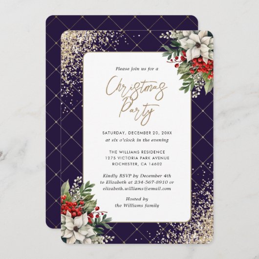Violet Gold Botanical Elegant Christmas Party Einladung (Vorne/Hinten)