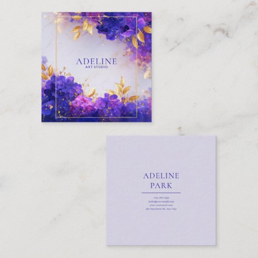 Violet Gold Floral Geometric Frame Elegant Quadratische Visitenkarte (Vorne/Hinten)