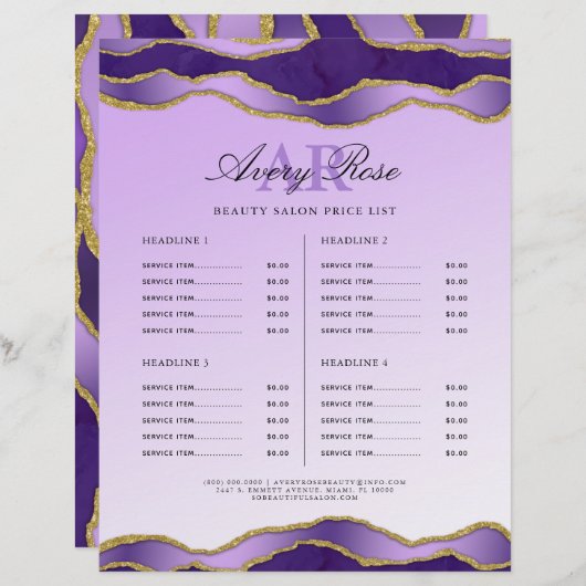 Violet Gold Marmor Agate Schönheitssalon Preislist (Vorne/Hinten)
