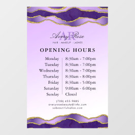 Violet & Gold Marmor Agate Schönheitssalon Stunden Fensteraufkleber