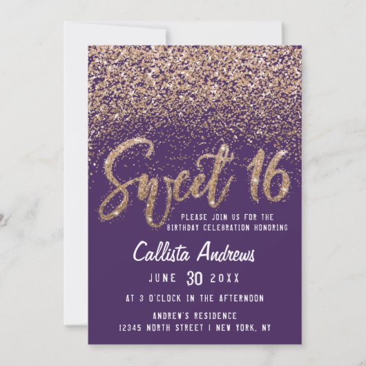 Violet Gold Scattered Glitzer Ombre Sweet 16 Einladung (Vorderseite)