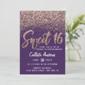 Violet Gold Scattered Glitzer Ombre Sweet 16 Einladung (Stehend Vorderseite)