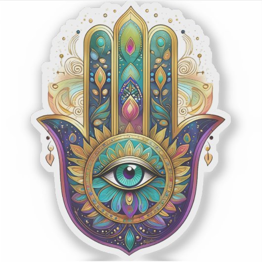 Violet Green Gold Petals Hamsa Turquoise Third Eye Aufkleber (Vorderseite)