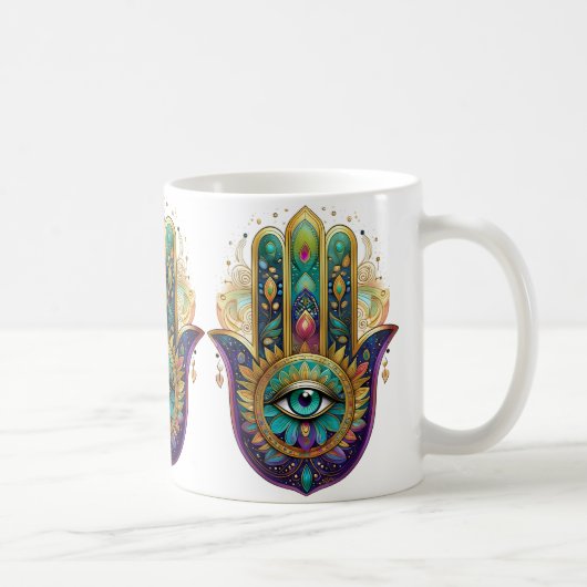 Violet Green Gold Petals Hamsa Turquoise Third Eye Kaffeetasse (Rechts)