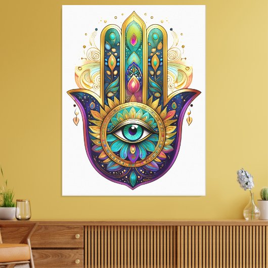 Violet Green Gold Petals Hamsa Turquoise Third Eye Leinwanddruck (Insitu (Wohnzimmer))