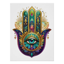 Violet Green Gold Petals Hamsa Turquoise Third Eye Poster