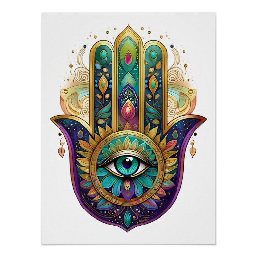 Violet Green Gold Petals Hamsa Turquoise Third Eye Poster (Vorderseite)