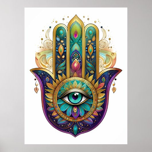 Violet Green Gold Petals Hamsa Turquoise Third Eye Poster (Vorne)