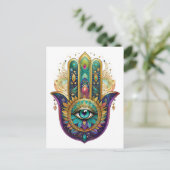 Violet Green Gold Petals Hamsa Turquoise Third Eye Postkarte (Stehend Vorderseite)