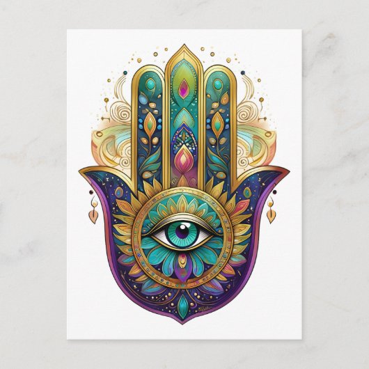 Violet Green Gold Petals Hamsa Turquoise Third Eye Postkarte (Vorderseite)