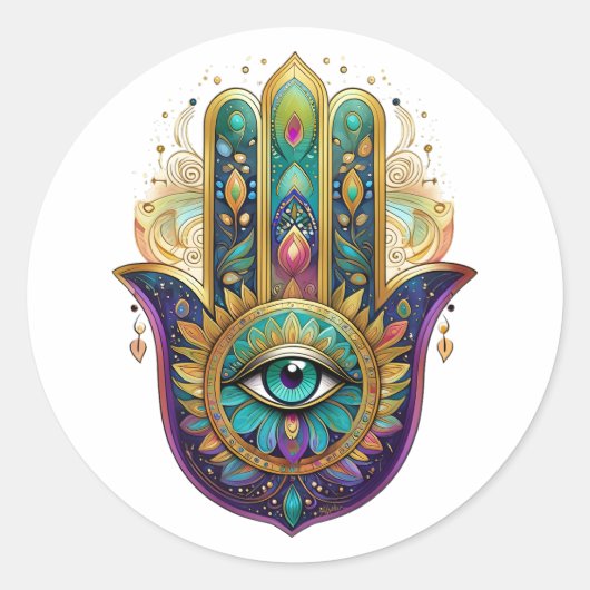 Violet Green Gold Petals Hamsa Turquoise Third Eye Runder Aufkleber (Vorderseite)