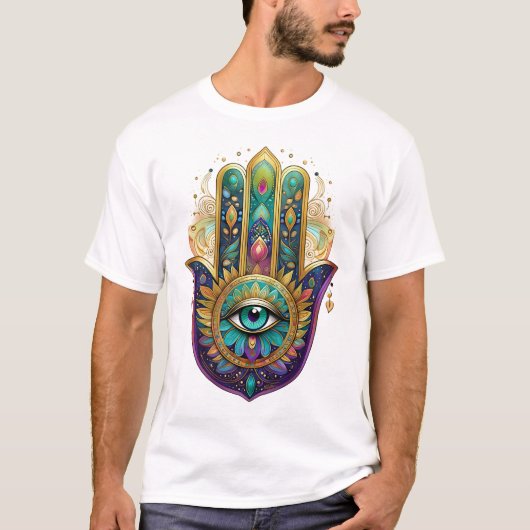 Violet Green Gold Petals Hamsa Turquoise Third Eye T-Shirt (Vorderseite)