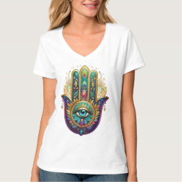 Violet Green Gold Petals Hamsa Turquoise Third Eye T-Shirt