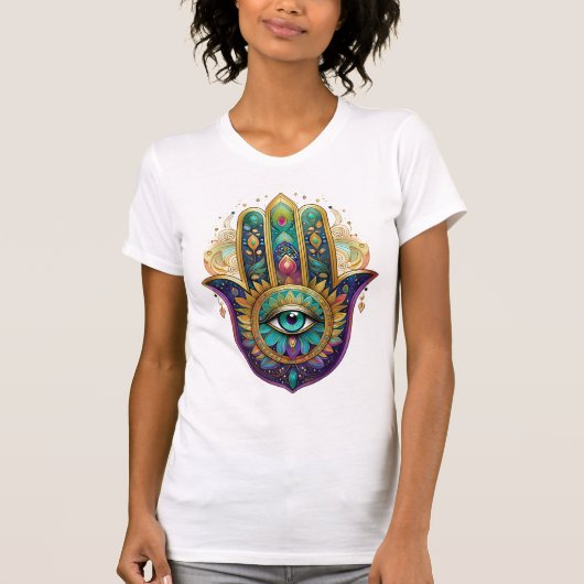 Violet Green Gold Petals Hamsa Turquoise Third Eye T-Shirt (Vorderseite)
