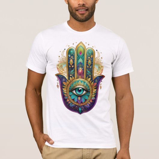 Violet Green Gold Petals Hamsa Turquoise Third Eye T-Shirt (Vorderseite)