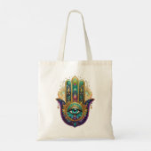 Violet Green Gold Petals Hamsa Turquoise Third Eye Tragetasche (Rückseite)