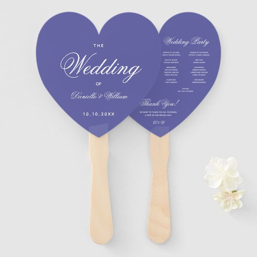 Violet Heart Wedding Program Calligraphy Fächer (Vorne und Hinten)