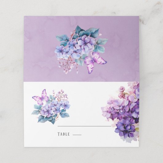 Violet Hydrangea Blumenschmetterling Hochzeitstisc Platzkarte (Außenseite Aufgefaltet)