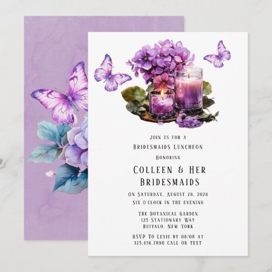 Violet Hydrangea Butterfly Bridesmaids Luncheon Einladung (Vorne/Hinten)