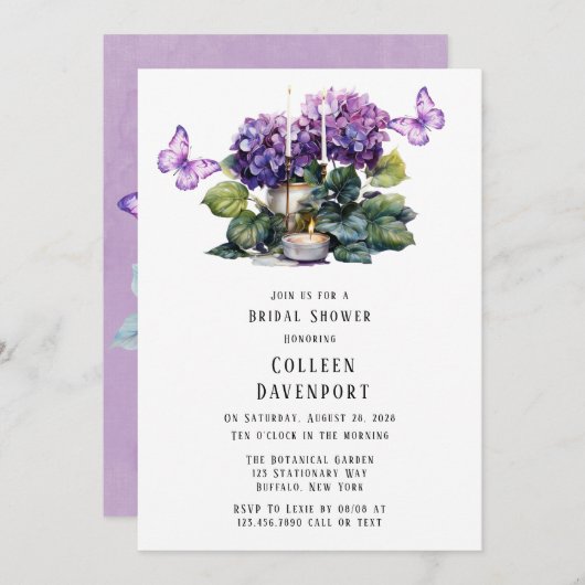 Violet Hydrangea Butterfly Candles Brautparty Einladung (Vorne/Hinten)