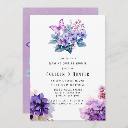 Violet Hydrangea Floral Butterfly Polterabend Einladung (Vorne/Hinten)