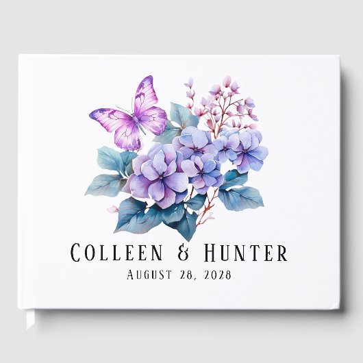 Violet Hydrangea Floral Butterfly Wedding Gästebuch (Vorderseite)