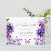 Violet Hydrangea Schmetterling speichert die Datum Einladung (Stehend Vorderseite)