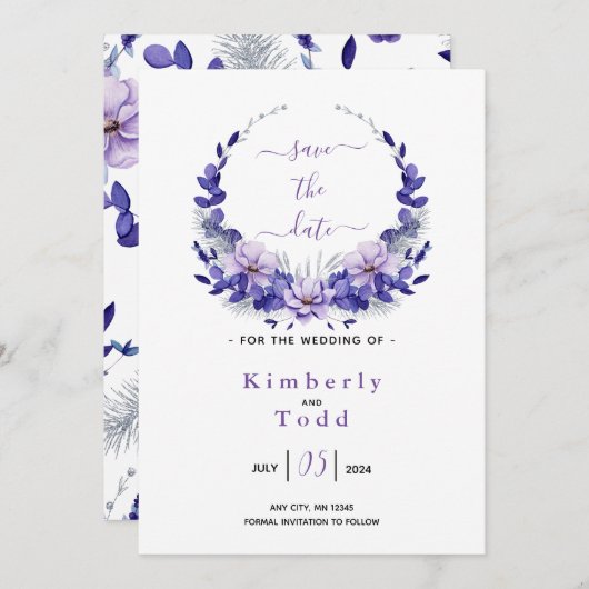 Violet Lavendel & Silver Floral Save the Date Einladung (Vorne/Hinten)