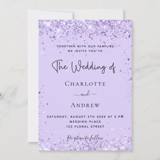 Violet lavender conetti skriptehe einladung (Vorderseite)