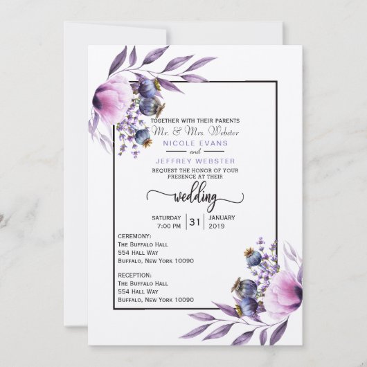 Violet Lavender Poppy Wasserfarbe Blume Hochzeit Einladung (Vorderseite)