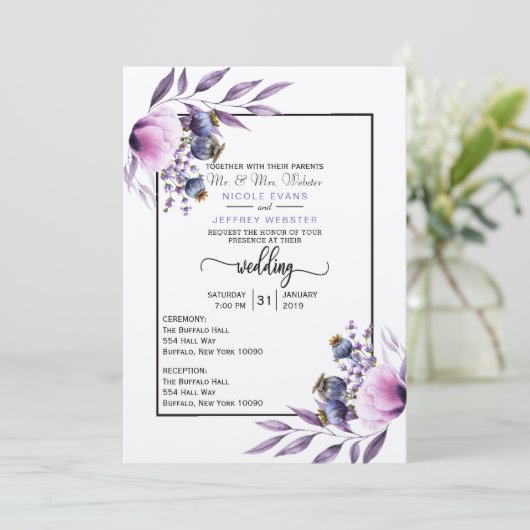Violet Lavender Poppy Wasserfarbe Blume Hochzeit Einladung (Stehend Vorderseite)