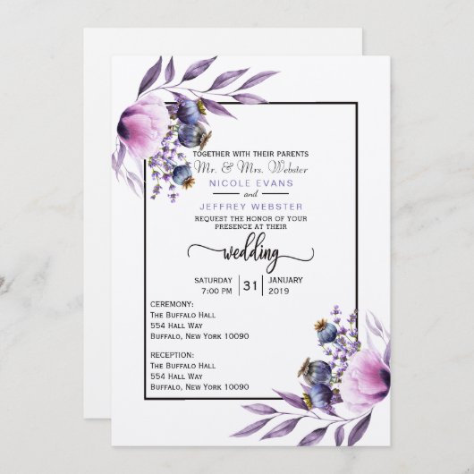 Violet Lavender Poppy Wasserfarbe Blume Hochzeit Einladung (Vorne/Hinten)