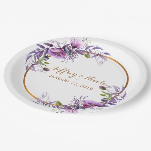 Violet Lavender Poppy Wasserfarbe Blume Hochzeit Pappteller (Schrägansicht)