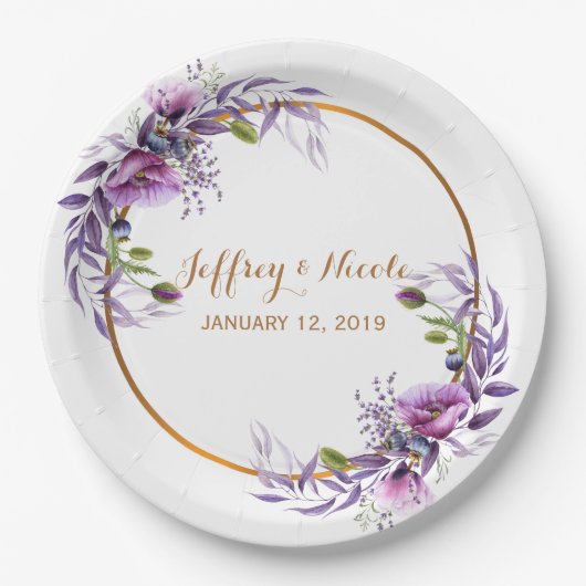 Violet Lavender Poppy Wasserfarbe Blume Hochzeit Pappteller (Vorderseite)