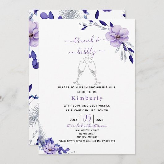 Violet Lavender & Silver Floral Bridal Brunch Einladung (Vorne/Hinten)