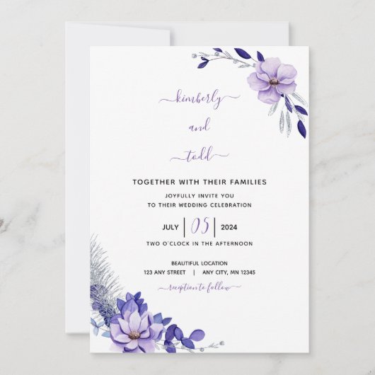 Violet Lavender & Silver Floral Wedding Einladung (Vorderseite)