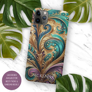 Violet Lila Aquamarin Blue Green Gold Paisley Must iPhone 11Pro Max Hülle