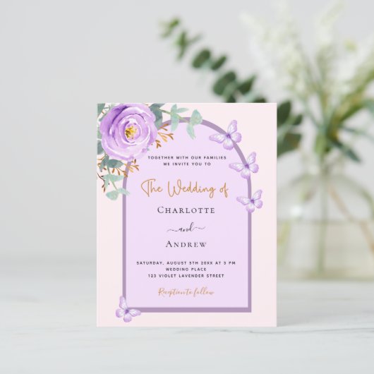 Violet lila Blumenbogen QR UAWG Budget Hochzeit (Stehend Vorderseite)