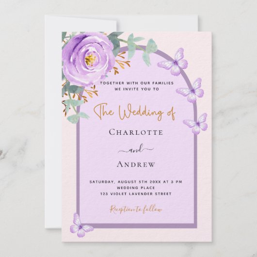Violet lila Blumenbogen QR UAWG Luxushochzeit Einladung (Vorderseite)