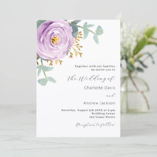 Violet lila Blumengrün QR Code UAWG wedding Einladung (Stehend Vorderseite)