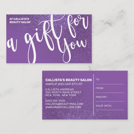 Violet Lila Glitzer Gradient Geschenkgutschein Visitenkarte (Vorne/Hinten)