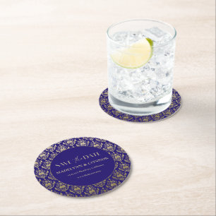 Violet Lila Gold Muster Hochzeit speichern das Dat Runder Pappuntersetzer