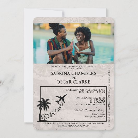 Violet Lila Jamaica Passport Hochzeit Einladung (Vorderseite)