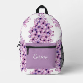 VIOLET LILA LILAC BLUME PATTERN INDIVIDUELLE NAME BEDRUCKTER RUCKSACK