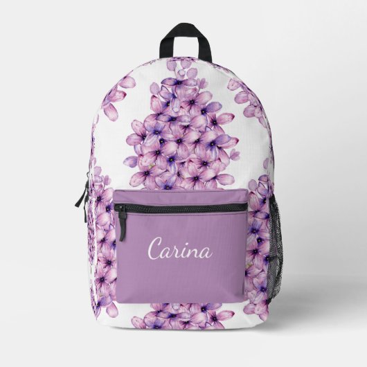 VIOLET LILA LILAC BLUME PATTERN INDIVIDUELLE NAME BEDRUCKTER RUCKSACK (Vorderseite)