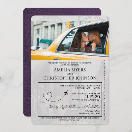 Violet Lila New York City Passport Wedding Einladung (Vorne/Hinten)