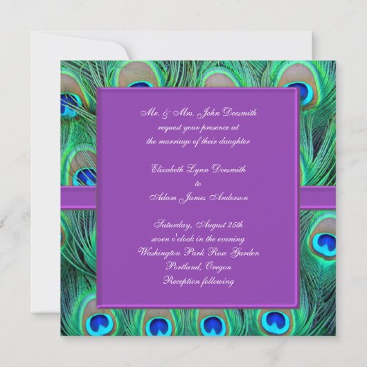 Violet Lila Peacock Hochzeitseinladungen Einladung (Rückseite)