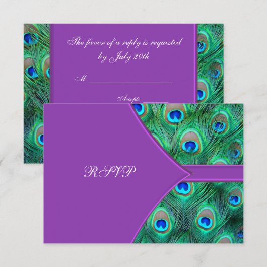 Violet Lila Peacock Wedding RSVP Karte (Vorne/Hinten)