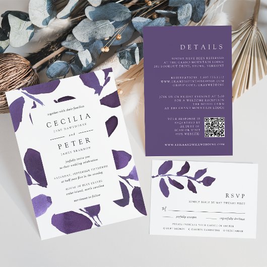 Violet Lila QR Code UAWG & Hochzeitdetails Begleitkarte