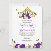 Violet Lila Rose Schmetterling Gold Tiara Quince Einladung (Vorderseite)